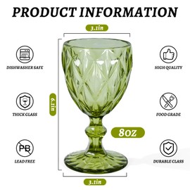 CHLJAR Vintage Wine Glasses Set of 6, 8 OZ Colored Glass Water Goblets, Embossed Floral Decorative Crystal Glass Cups Set, Dishwasher Safe, for Wedding, Party, Red Wine Glass, Bars, Restaurants