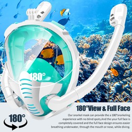 KLERICER Double Tubes Full Face Snorkel Mask,New Breathing Mode 180° Panoramic Anti-Fog Diving Mask Free Breathing,Dry Top System Snorkeling Mask for Adults Teenagers (White Green, Small-Medium)