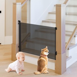 JSQBSECL Retractable Baby Gate, Pet Gate for Stairs, Mesh Dog Gate for Doorways, Safety Locking Gates for Baby Indoor, Stair Gate for Outdoor, Hallways, Doorways (Black, 55 inch)