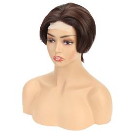 Creamily Short Hair Wigs for Women, Dark Brown Pixie Cut Wig with Samll Lace Front Wig, Synthetic Lace Front with Bangs for Black Women Daily or Cosplay