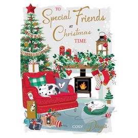 Special Friends Christmas Card - Cosy Festive Lounge - Contemporary Artistic Design - Special Finishes and Illustrated Insert Leaf - Made in the UK
