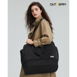 OutSpry Weekender Bag for Women, Carry On Travel Duffel Bag with Laptop Sleeve, Expandable Large Overnight Bag Trolley Sleeve for Gym Dance Sport Workout, Black