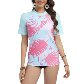 SURFEASY UV Shirt Women's Short-Sleeved UPF 50+ Swimming Shirt Quick-Drying Crew Neck Swimming Shirt S-XXXL, Leaves/Light Blue, L