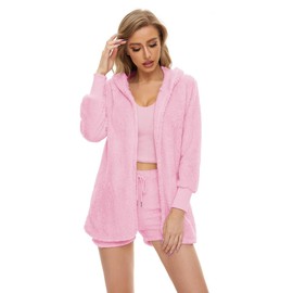 HRESSLBD Women's Warm Fuzzy Fleece 3 Piece Outfit Pajamas, Woman Solid Cozy Hooded Coat Jacket Outwear and Sleeveless Tank Top Shorts Set (Pink, XL)