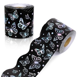 FYSUIMU 65.6Ft Iridescent Butterfly Bulletin Board Borders Black Decorative Die Cut Trim Border Roll for Office Classroom Chalkboard Window Decor
