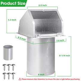 6 Inch Wall Vent Cover,Exterior Wall Vent Hood with Screen and Damper Exhaust Dryer Vent Cover Outside,External Extractor Wall Exhaust Vent Cap for Range Hood Kitchen Outdoor Air Vent,Stainless Steel