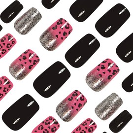 24 Pcs Press on Nails Short Square Nail Tips WLGDLH Fall Fake Nails Press ons Acrylic Nail Kit Full Cover Reusable False Nails Pink Black Glitter Glue on Nails Leopard Print Nail Art for Ma'am