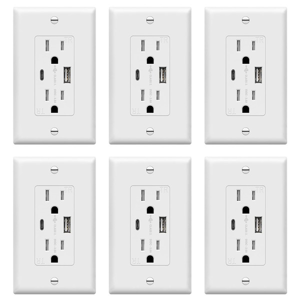 TOPGREENER USB Outlet, Type C Wall Charger 15 Amp TR Receptacle Plug, Charging Power Outlet with Ports, Electrical Socket, UL Listed, TU21536AC-W-6PCS, White, 6 Pack