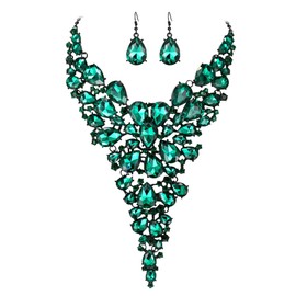 Flyonce Wedding Party Costume Jewelry Set, Rhinestone Crystal Teardrop Long Chunky Bib Collar Statement Necklace Hook Earrings Set Red