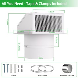 4 Inch Galvanized Steel Hooded Wall Vent Cover with Screen & Damper - Outdoor Exhaust Vent Cap for Dryer, Bathroom Fan, Range Hood, HVAC Duct - Includes Aluminum Foil Tape & Clamps