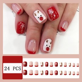 24Pcs French Tip Christmas Press on Nails Short Square Red Christmas Elk Fake Nails with Cute Snowflake Pattern Design False Nails Artificial Nails Tip Winter Xmas for Women Girl Manicure Decoration