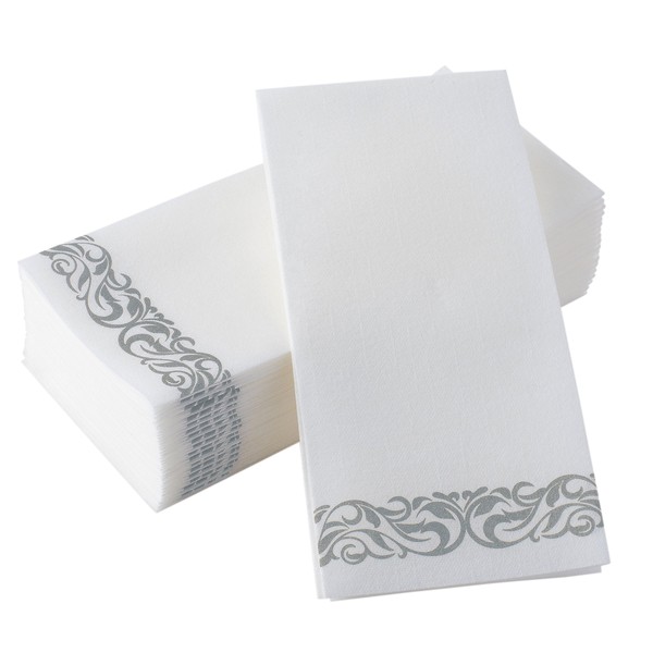 Toallas desechables de lino para invitados para baño, toallas de mano blancas decorativas, servilletas de papel floral plateado, paquete de 50