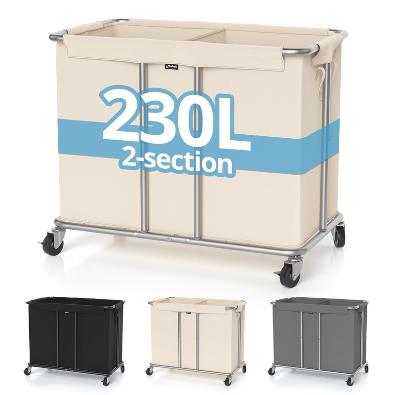 Hodonas 230L Rolling Laundry Hamper, 2-Section Laundry Basket with Wheels,