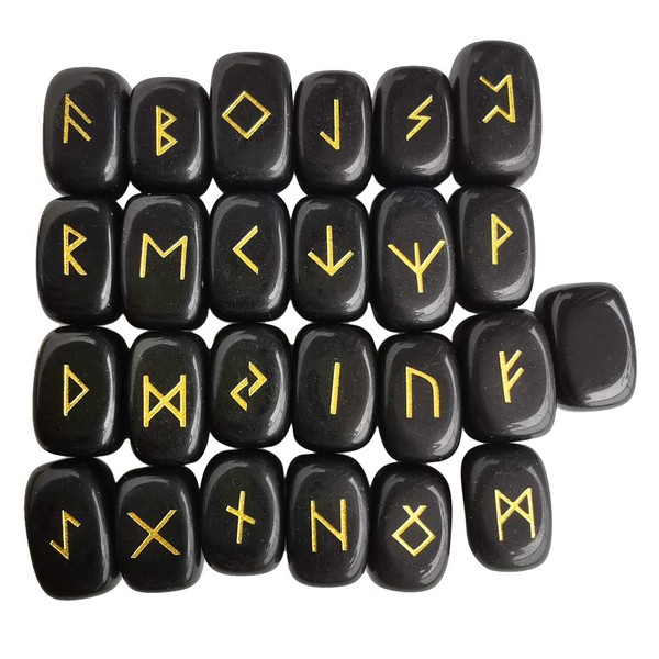 Lovionus89 Natural Rune Stones Set (25 Pieces), Polished Gemstone with Carved, Crystal Healing Reiki, Black Obsidian
