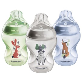 Tommee Tippee Natural Start Anti-Colic Baby Bottle, 9oz, 0 Months+, Slow Flow, Breast-Like Nipple for a Natural Latch, Anti-Colic Valve, Self-Sterilizing, Woodland Friends, Pack of 3