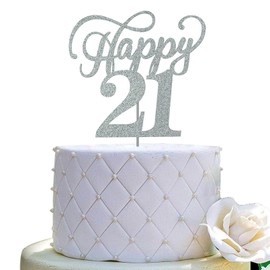 Happy 21 - Decoración para tartas para Hello 21 / Cheers to 21 Años / 21 Cumpleaños / 21 Aniversario Suministros de decoración de fiesta (purpurina plateada de doble cara)
