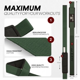 Raw N' Fit® Lifting Straps, Powerlifting, Gym Straps, Padded Lifting Straps, Black Wrist Straps, Gym Grips for Men and Women, Deadlift (Army Green)