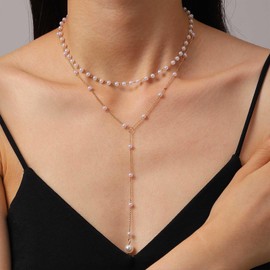 Enautoabs Boho Layered Pearl Lariat Necklace Gold Pearl Y Drop Necklace Pearl Beads Choker Necklace Long Pearl Y Shape Necklace Jewellery for Women, Zinc, No Gemstone