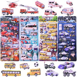 Puffy 3D Puff Reusable Foam Car Vehicle Sticker for Kids Toddlers Boys Girls Play Set Travel Toy with Police Cars, Ambulances, Fire Trucks, School Buses,4 Sheets.