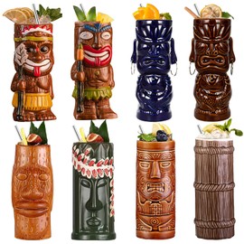 SUN GKOTTA Cocktail Tiki Mugs Set Of 8 - Cute Ceramic Hawaiian Style Cocktail Glasses For Party And Tropical Tiki Bar，Mai Tai Drinkware