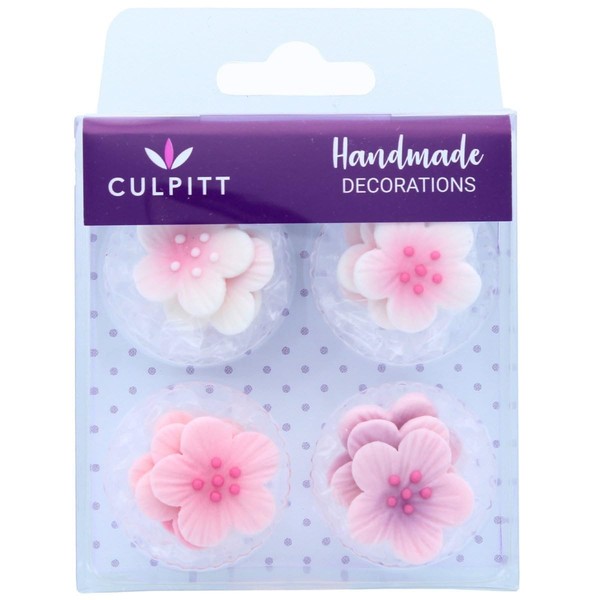 Culpitt Pink Flower Sugar Decorations, Sugar Pipings, Edible Decorations for Cupcakes, Cakes, Cookies, Pink and White Flowers, 12 Piece - Single Pack