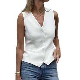 GORGLITTER Women's Sleeveless Vests Elegant Vintage Suit Vest V-Neck Jacket Short Vest Button Down Business Outfit Top, White, M