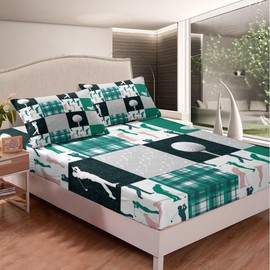 Ball Sports Full Size Fitted Sheet,Golf Themed Lover Style,Soft Fabric Bedding Deep Pocket,Green Navy Buffalo Grid Geometric Bed Mattress Cover Decor, 2 Pillowcases