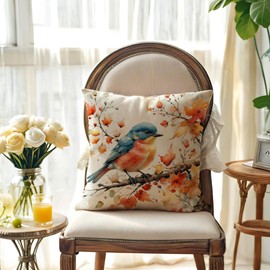 JAERUE Autumn Birds Throw Pillow Covers with Autumn Maple Leaves 18 x 18 Inch Fall Theme Cushion Covers Watercolor Art Home Decor Pillow Cases 4Pack for Sofa Couch Porch