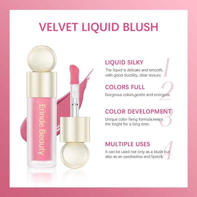 Erinde Soft Pinch Dewy Liquid Cream Blush, Velvet Silk Texture,