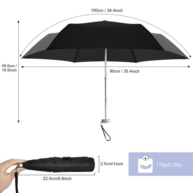 Lejorain Travel Mini Umbrella for Purse - Black Compact Durable