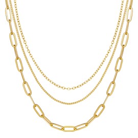MJust 14K Gold Plated Layered Necklaces, Dainty Cable Paperclip Box Stacked Necklace for Women Men