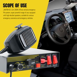 JAMTON 200W 12V 9 Tone Emergency Police Siren System, 180°Loud Speaker Horn, Handheld Microphone, for Emergency Vehicles Truck Firefighters Ambulance