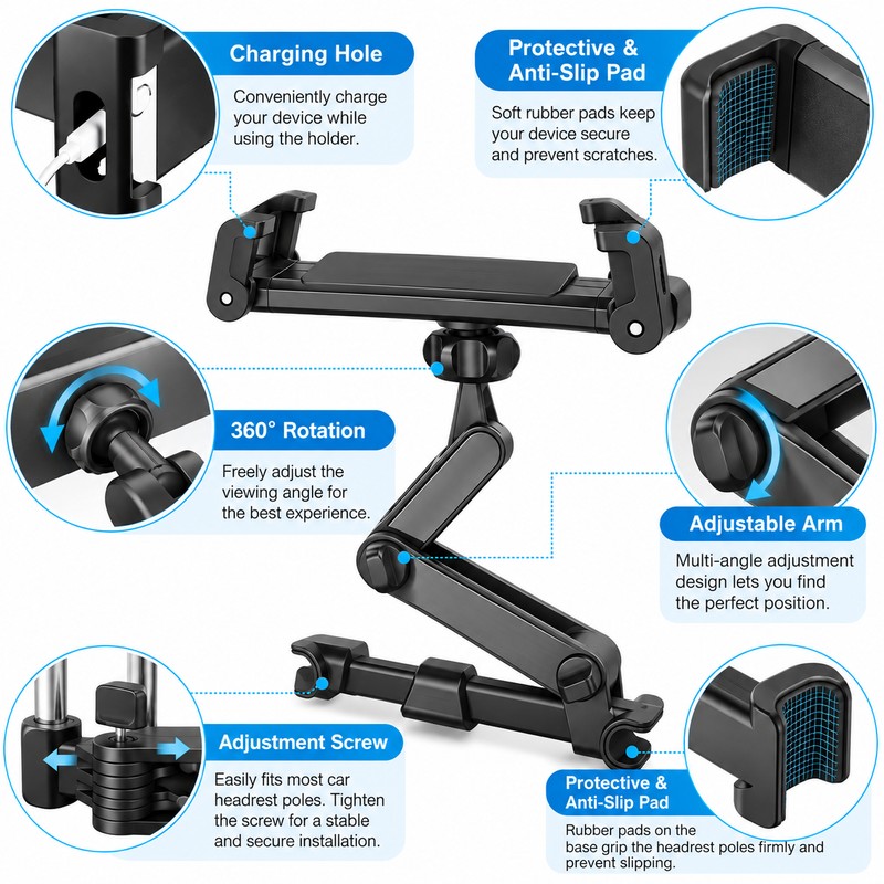 Car Headrest Tablet Holder for Backseat Viewing – Adjustable Foldable