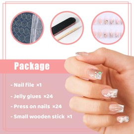 Kinretixia 24 Pieces French Press On Tips Short Square Fake Nails with Glitter Sequin Designs Fake Nails False Nails for Women