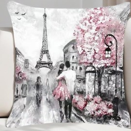 Pink Paris Pillow Covers 18x18, Outdoor Eiffel Towels Pillow Cases, Patio Furniture Decorative Paris Cushion Covers Cushion Case for Couch Sofa Anniversary Decoration
