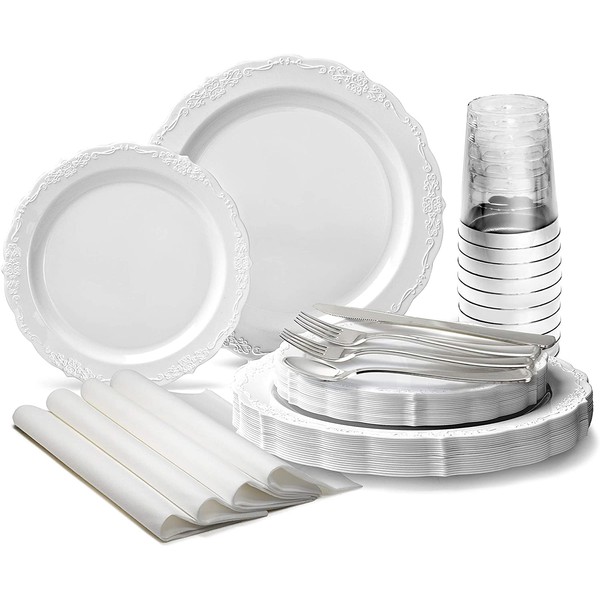 " OCCASIONS " 960 Piece set (120 Guests)-Vintage Wedding Party Disposable Plastic Plates & cutlery -120 x 10'' + 120 x 7.5'' + Silverware + Cups + Napkins (Verona White)