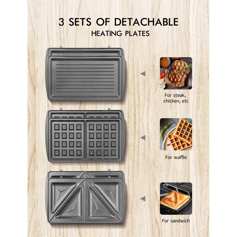 Yabano Sandwich Maker, 3 in 1 Waffle Maker, Toaster and