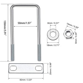 TOP-VIGOR 2 sets M8 Square U-Bolts, 50mm Inner Width 150mm Length Steel U-Bolts with Nut, Plate, Washer for Building Installations Mechanical Parts Connection Cehicles Ships