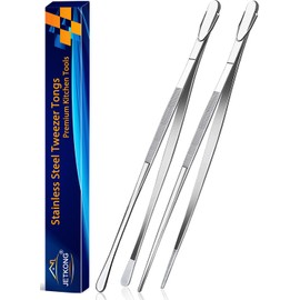 JETKONG 2 Pcs 16-Inch Kitchen Tweezers Extra Long Tweezer Tongs, Heavy Duty Stainless Steel Cooking Tweezers (Silver)