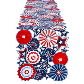 Simhomsen Embroidered Patriotic July 4th Table Runner, Red White Blue Stars and Pinwheels Design, Decorative Scalloped Edge (13 x 68 inches)