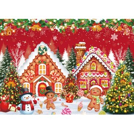 Christmas Gingerbread House Backdrop Winter Merry Xmas Tree Gingerbread Snowman Photography Background Kids Adults Winter Family Holiday Party Red Christmas Theme Decoration (8x6FT)