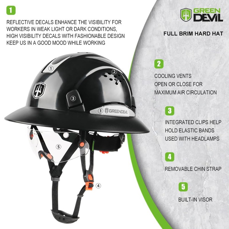 GREEN DEVIL Full Brim Hard Hat with Built-in Visor Vented