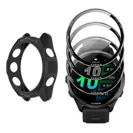 Watch Screen Protector +Watch Case Cover for Garmin Forerunner 570 42mm, [3-PCS] 3D Tempered Glass Film & TPU Bumper, Anti-Scratch, Bubble-Free, HD Clear, Shockproof Protection (Black)