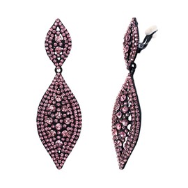 Flyonce Women's Pink Crystal Wedding Bridal Charm 2 Leaf Drop Clip On Dangle Earrings Black-Tone
