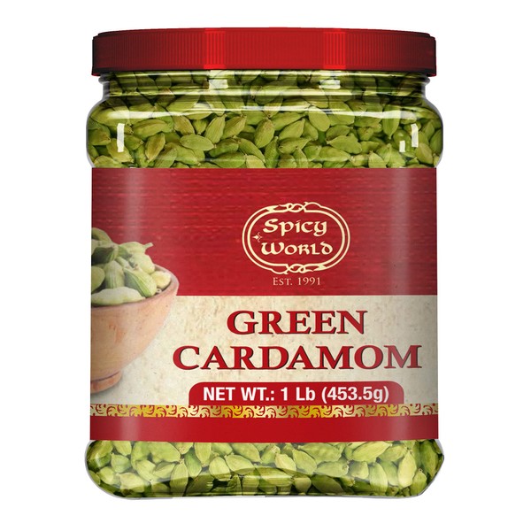 Spicy World Green Cardamom Pods 1 Pound Bulk Jar Pack - 16 Ounce - Natural Cardamon Spice