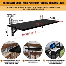 Jinharde Floating Balcony Railing Table，32 * 13inch，304 Stainless，Outdoor Indoor Wall Mounted Folding Table，Hanging Adjustable Deck Table for Laundry Room Balcony Office Kitchen Home ，Black