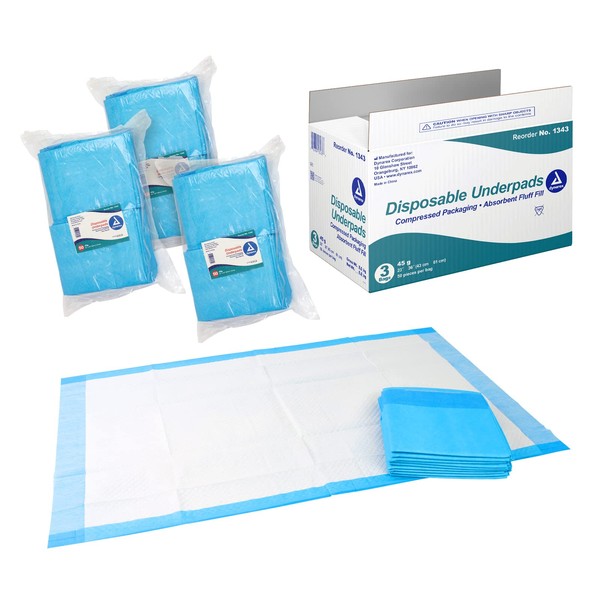 Dynarex Disposable Underpads, Medical-Grade Incontinence Bed Pads to Protect Sheets and Mattresses, 23”x36” (45g), 1 Case of 150 Pads (3 Boxes of 50)