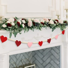DAZONGE Valentines Day Decorations, Wood Bead Garland with Felt Hearts for Valentine Decor, Red and Pink Farmhouse Valentine’s Day Banner for Wedding, Anniversary Decorations
