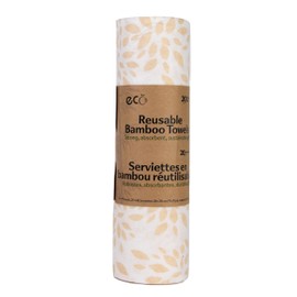 Reusable Bamboo Paper Towel Roll, 25 Feet, 20 Sheets, Machine Washable, White with Beige Leaf Pattern