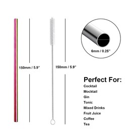 Morneve - Pajitas de metal cortas, pequeñas, de acero inoxidable, reutilizable, para niños, jugos, cócteles, cafeterías, fiestas, hogar, oficina, restaurante, 150 mm de longitud con cepillo para polvo
